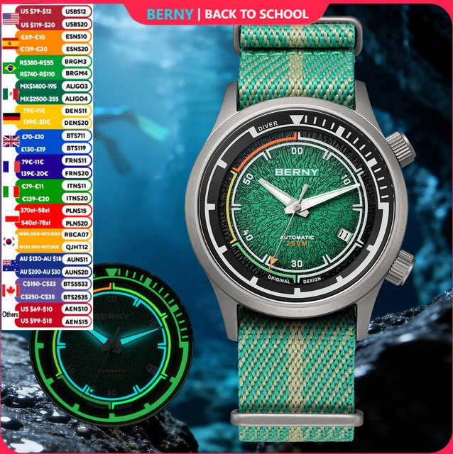 BERNY Herren-Taucheruhr, Titan, Automatik, Saphirglas, 20 ATM, Textil/NATO - Bild 1