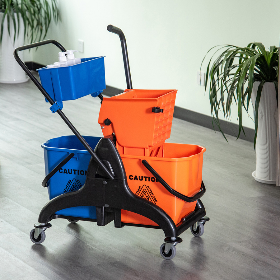 Professioneller Reinigungswagen von HOMCOM mit Backenpresse, 2 Eimern und Aufbewahrung in Orange und Blau - Bild 2