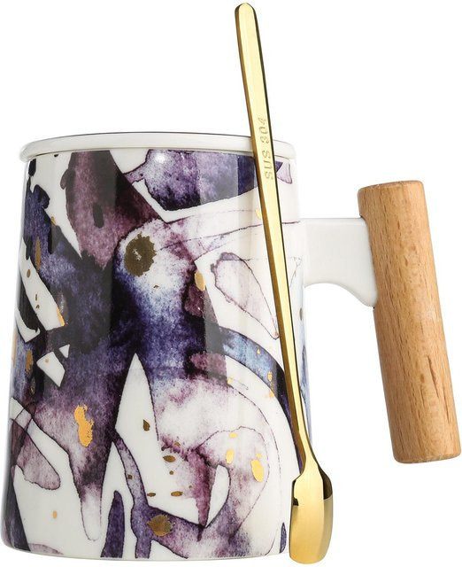 Tooarts Keramiktasse mit Deckel und Holzgriff aus Edelstahl in Violett - Bild 1