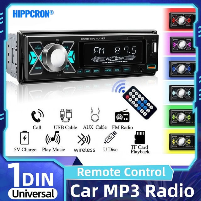 HIPPCRON Digitales 1 Din Autoradio mit FM Musikradio, MP3 Player und 7 farbigen Lichtern in Schwarz inklusive Fernbedienung - Bild 1