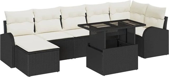 vidaXL Garten-Sofa-Set aus Polyrattan in Schwarz, 8-teiliges L-Shape Lounge-Set mit Tisch, Sitzmöbeln, Fußhockern und integriertem Kissen-Speicher sowie Polsterkissen - Bild 1