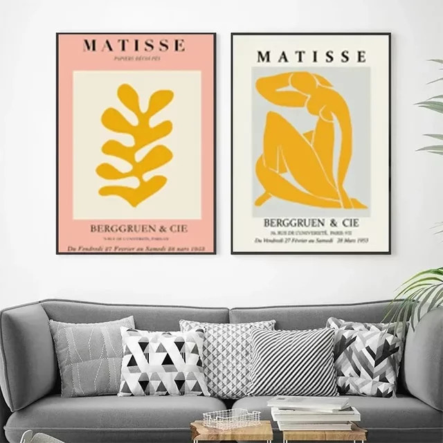 Minimalistisches Leinwandgemälde im Matisse-Stil mit Mädchen und Blättern von Potdemiel als moderne Wandkunst für dein Wohnzimmer - Bild 1