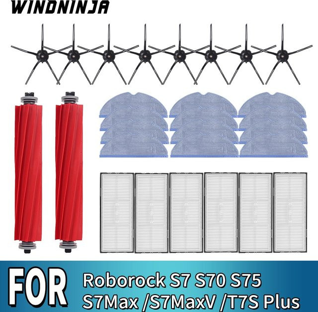 WINDNINJA Ersatzteil-Set für Roborock S7 S7 MaxV S75 T7S Plus mit Seitenbürsten, Mopps, Wischtüchern und HEPA-Filtern - Bild 1