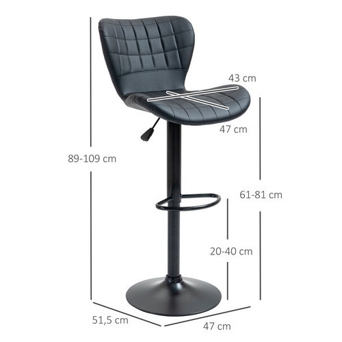 2er-Set HOMCOM Barstühle aus Kunstleder in Schwarz, H x B x T: 109 x 47 x 56 cm - Bild 2