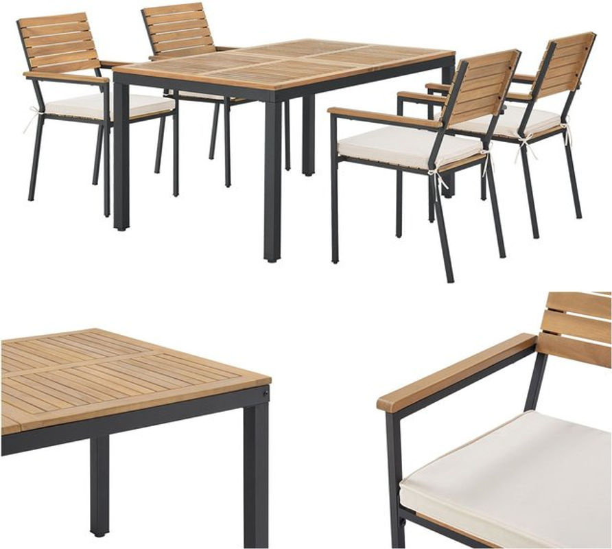 Juskys Gartengarnitur Rhodos aus Akazienholz in Braun und Schwarz, 5-teiliges Gartenmöbel Set mit Tisch und 4 Stühlen - Bild 4