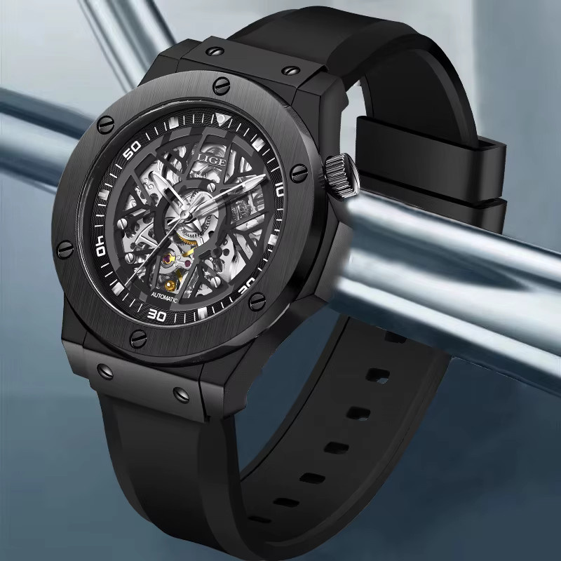 LIGE Armbanduhr Automatik, Silikon, Schwarz, Herren - Bild 3