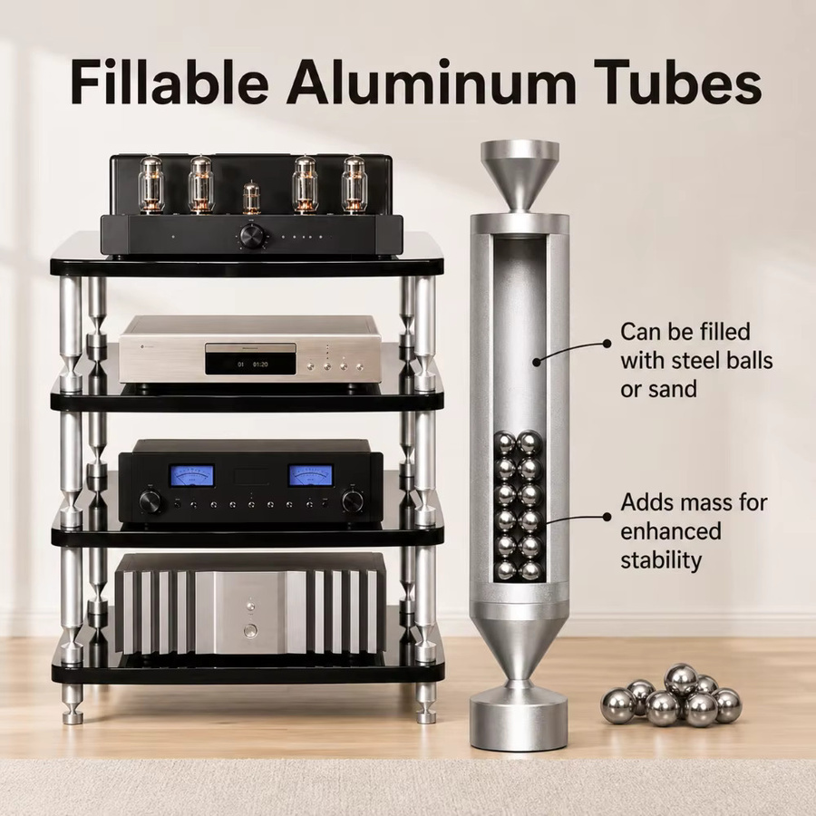 PIVASY HiFi-Audiorack in Schwarz mit Klavierlack-Finish und höhenverstellbaren Aluminium-Stoßdämpfern für Studiomonitore und Heimkinosysteme - Bild 4