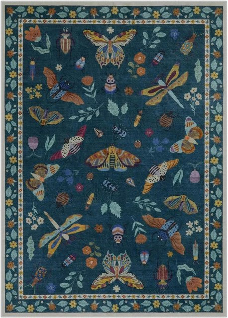 Moderner rutschfester Teppich mit botanischem Insekten-Print, waschbar, Multicolour, B/T: 80 x 50 cm - Bild 1