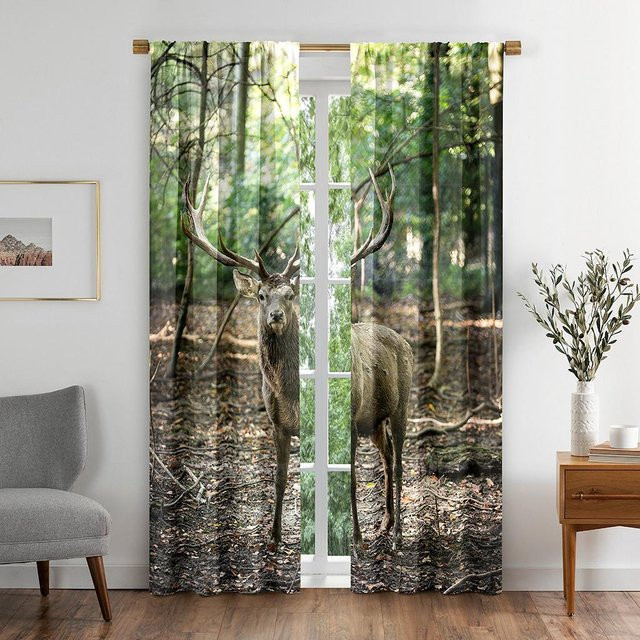 Yiran Furniture Vorhänge mit Hirsch und Pflanzen Motiv, Bunt Grün, 2er-Set, Breite: 50 cm, Höhe: 130 cm - Bild 1
