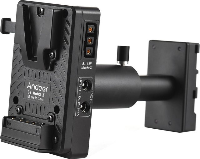 Andoer V-Lock V-Mount Batterieplatte mit BP-U Dummy-Batterieadapter und verstellbarem Stangenersatz in Schwarz - Bild 1
