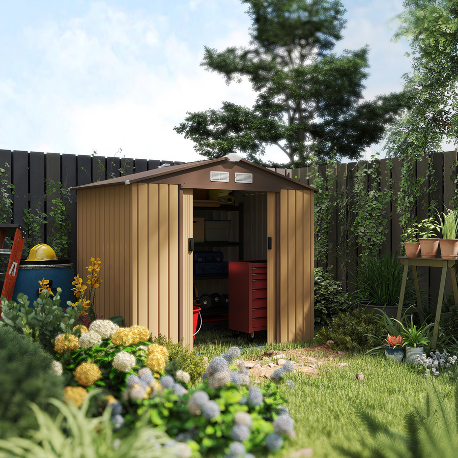 Outsunny Gartenhaus Geräteschuppen aus Stahl mit Bodenrahmen und Schiebetüren, Gelb, B/T/H: 213 x 130 x 185 cm - Bild 2