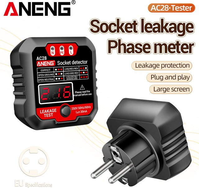 ANENG AC28 Digitaler Steckdosen-Leistungstester in Schwarz als Spannungsprüfer und Steckdosenpolaritätsdetektor für EU/US-Stecker (250 V, 50 Hz/60 Hz) - Bild 1