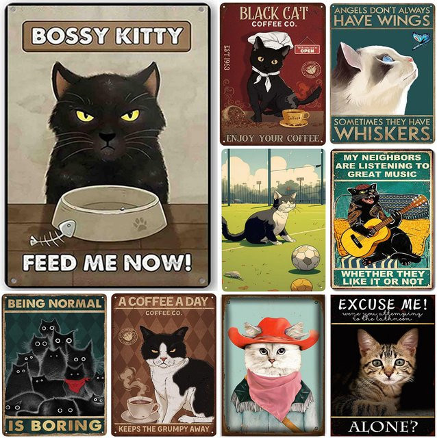 MINISO Vintage Katzen Metallblechschild Bossy Kitty Feed Me Now Wandposter Dekoration, Mehrfarbig, B/H: 30 x 20 cm - Bild 1