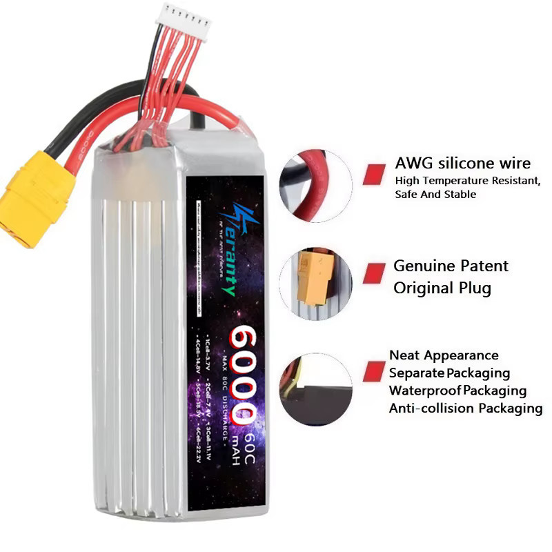 Teranty Li-Ion Akku 6000 mAh 6S 22,2 V 60C RC Lipo Batterie mit XT60 und XT90 Stecker für RC Auto FPV Lkw und Hubschrauber - Bild 2
