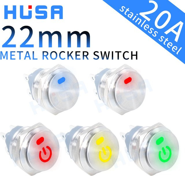 HUSA Metallknopf-Wippschalter aus Edelstahl in Silber und Weiß, 22 mm, 12 V 20 A / 220 V 15 A, selbstsichernd, zwei Positionen EIN-AUS, Auto-Kippschalter - Bild 1