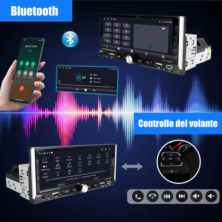 ESSGOO Android 15 Autoradio mit 6,9 Zoll Touchscreen, 4+64 GB, 1 DIN, kabelloses CarPlay, Android Auto, Bluetooth, GPS, WiFi und Lenkradsteuerung in Schwarz - Bild 4