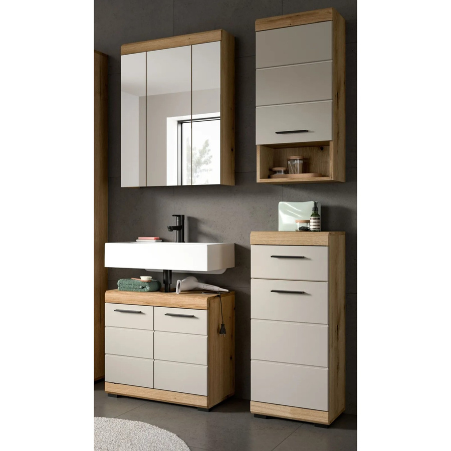 Inn.Furn Badmöbel Set Shawn 4-teilig in Sand und Eiche mit Spiegelschrank, Waschbeckenunterschrank, Hängeschrank und Kommode, Breite: 112 cm - Bild 2