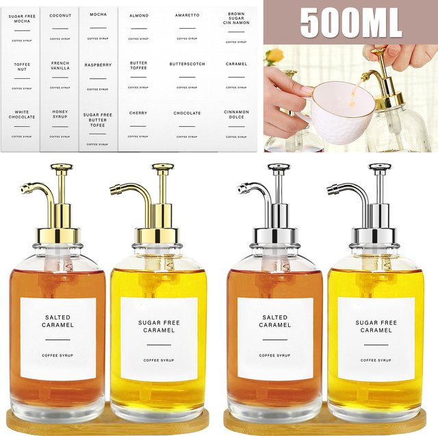 Willstar Kaffee-Sirup-Spender Set aus Glas mit Pumpe und Etiketten, 2 Stück, transparent mit silbernen Akzenten, 500 ml pro Flasche - Bild 1