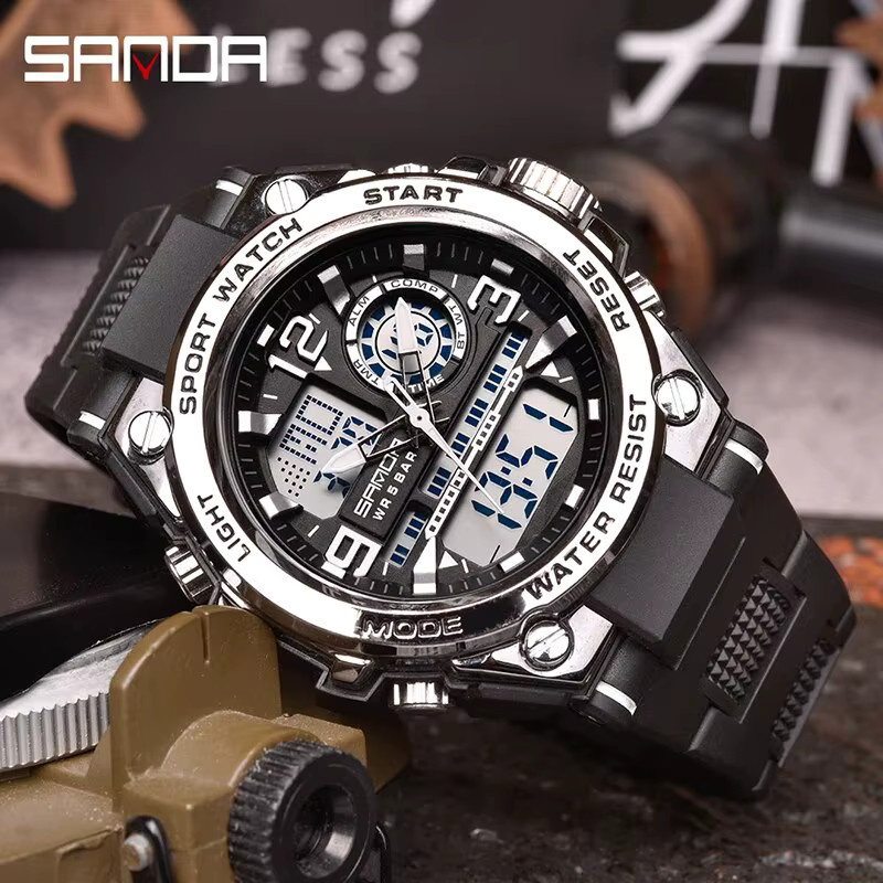SANDA Armbanduhr, Quarzuhr, Edelstahl, Schwarz, Silber, Herren, 5 ATM - Bild 2