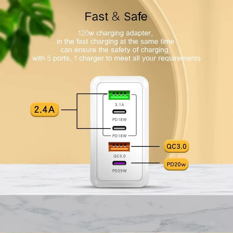 Maerknon 120 W Schnellladegerät mit USB-C Multi Ports und PD Quick Charge 3.0 Wandadapter für iPhone, Samsung, Huawei und Xiaomi Geräte - Bild 4