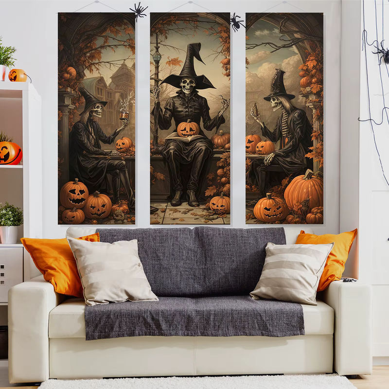 3er Set Vintage Halloween Dekoration Banner mit Horror Porträts von Mann, Schädel und Geist als Hintergrund für deine Villa - Bild 5