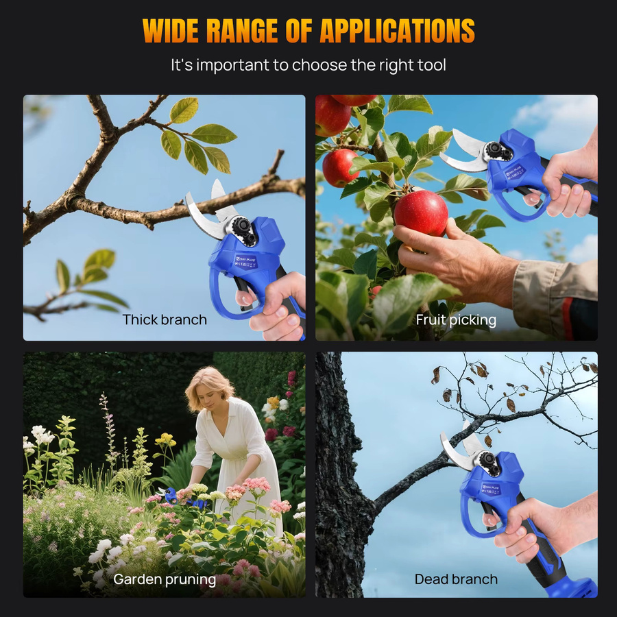 Professionelle bürstenlose Akku-Gartenschere in Blau mit 2 Lithium-Batterien zum Schneiden und Trimmen von Ästen in Obstgärten und Weinbergen - Bild 7