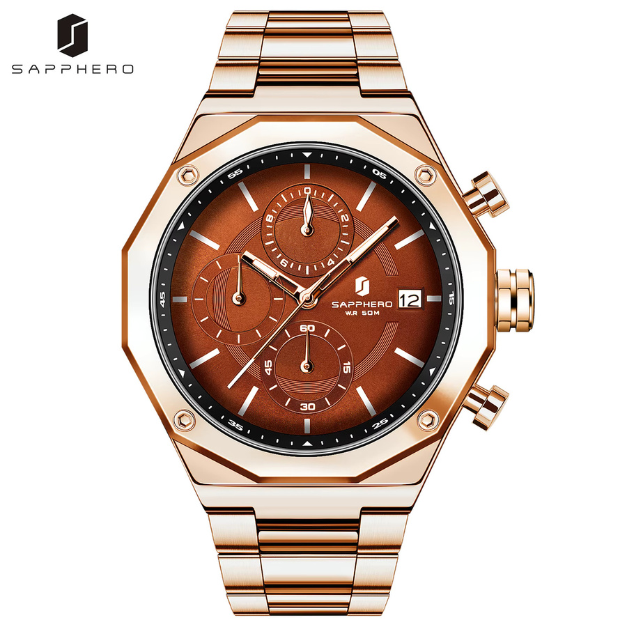 SAPHERO Chronograph, Quarz, Edelstahl, Schwarz, Roségold, Herren - Bild 3