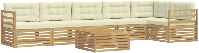 vidaXL Outdoor-Sofagarnitur 7-teilig in L-Form aus Akazienholz mit Kissen in Weiß und Beige - Bild 1