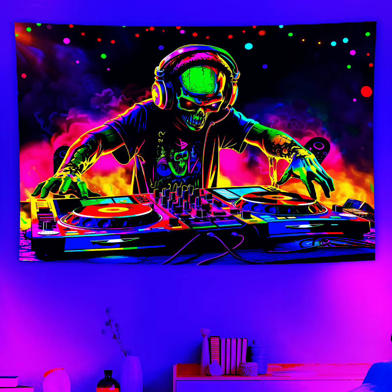 VIKAMA Wandteppich mit im Dunkeln leuchtendem Totenkopf und Neon-Plattenspieler, Mehrfarbig, B: 60 cm, H: 40 cm - Bild 2
