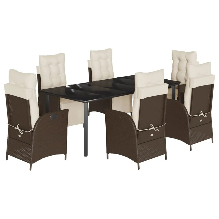 vidaXL 7-teilige Garten-Essgruppe aus braunem Poly Rattan mit Kissen und Glastisch - Bild 2