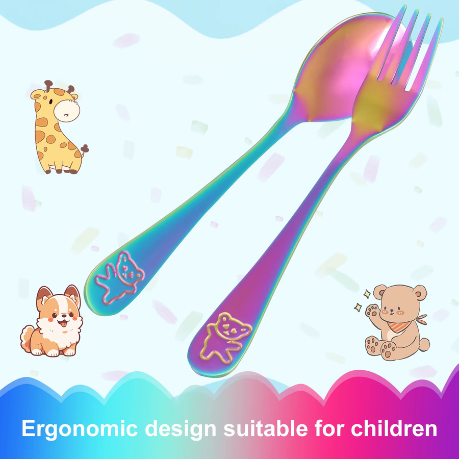 Willstar Kinder Besteckset aus Edelstahl mit Bären-Print, Gabel und Löffel in Silber und Multicolour - Bild 3
