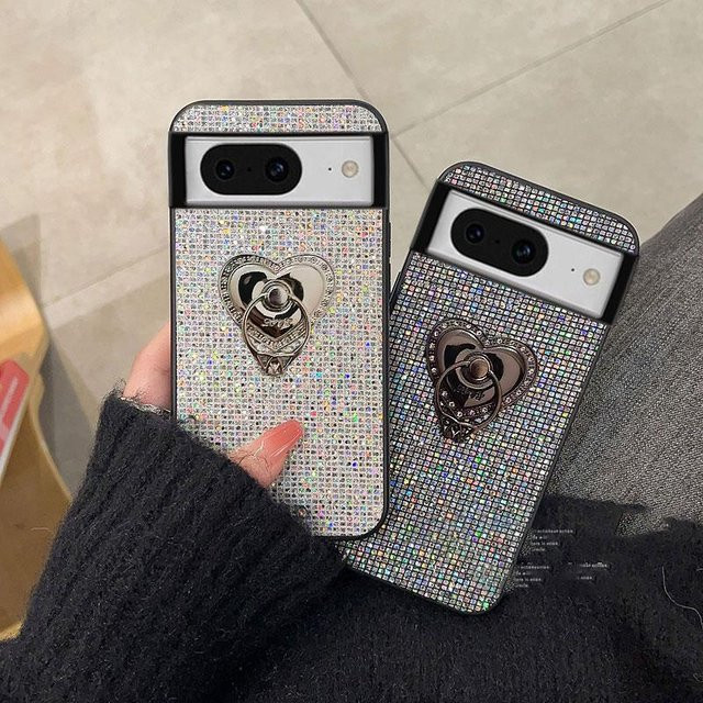 Modische TPU-Telefonhülle mit Glitzer-Gittermuster und Herz-Ringhalter für Google Pixel 9 10 Pro XL 6 7 8 Pro 6A 7A 8A 9A in Schwarz - Bild 1