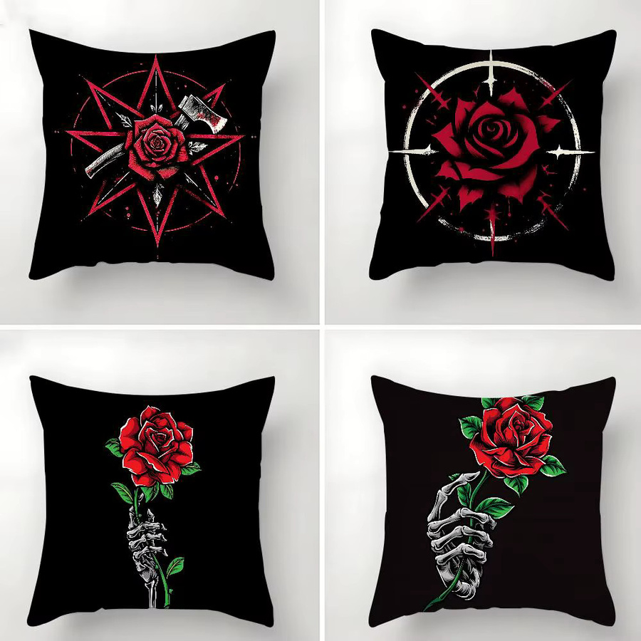 4-teiliges Set 52TOYS Kissenbezüge aus Plüsch mit floralem Rosenmuster in Schwarz und Rot, quadratisch, B/T/H: 40 x 40 x 40 cm - Bild 2