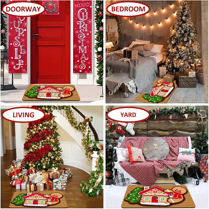 VIKAMA Bodenmatte mit Lebkuchenhaus-Aufdruck, rutschfester und saugfähiger Willkommensteppich für weihnachtliche Dekoration - Bild 5