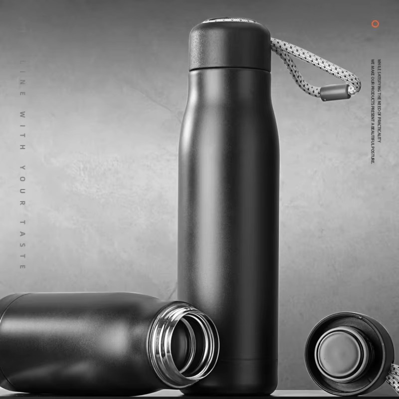 JUSTINLAU Thermosbecher Vakuumflaschen aus Edelstahl mit Seil für Outdoor-Reisen, 400 ml und 550 ml, Silber und Schwarz - Bild 5