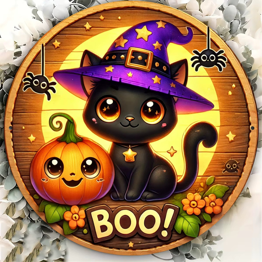 Potdemiel Halloween-Schild mit schwarzer Katze, rundes Aluminium-Dekor für Wand und Tür, Durchmesser: 20 cm - Bild 3