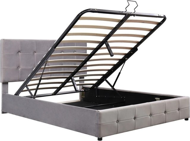 Merax Polsterbett mit Hydraulikfunktion aus Samt in Grau, B/T/H: 140 x 200 x 106 cm - Bild 1