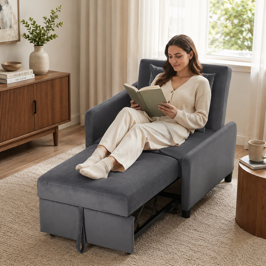 HOMCOM Schlafsessel 4-in-1 Einzelsitz ausziehbar, gepolstertes Schlafsofa in Samtoptik mit Rollen und Taschen, Dunkelgrau, B/T/H: 73 x 90 x 83 cm - Bild 2
