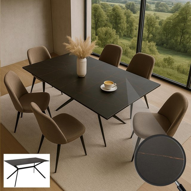 Esszimmertisch MCW O58 aus Sinterstein und Metall in Marmor-Optik, schwarz-gold, B: 160 cm, T: 90 cm, H: 76 cm - Bild 1