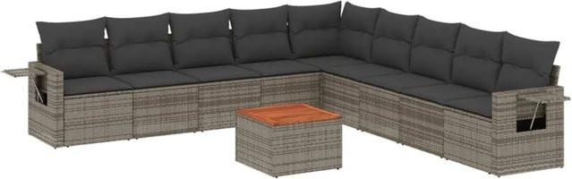 vidaXL 10-tlg Garten-Sofagarnitur aus Poly Rattan und Akazienholz in Grau mit Kissen Modell 98 - Bild 1