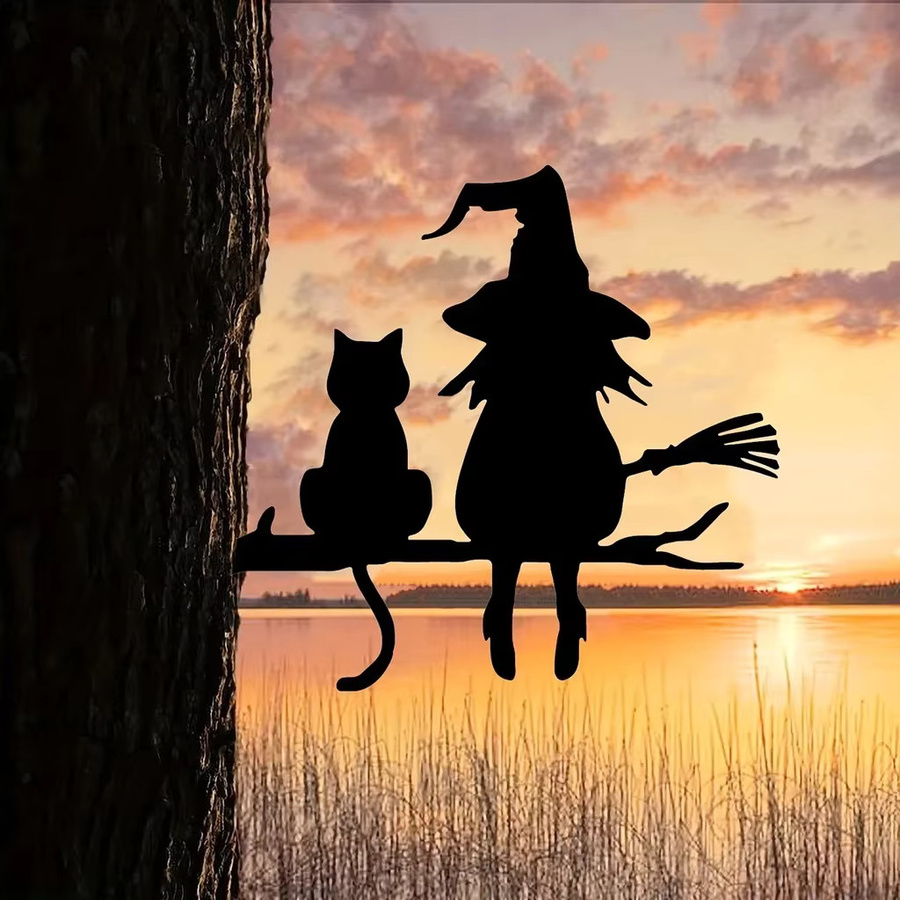 CIFBUY Gartenstecker Eisensilhouette Hexe und Katze in Schwarz als Kunstdekoration für Garten und Hof - Bild 5