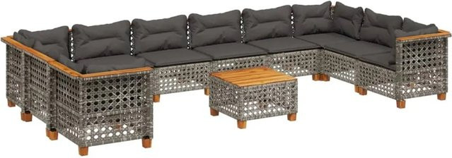 vidaXL 11-tlg Garten-Sofagarnitur aus Poly-Rattan und Akazienholz in Grau mit Kissen Modell 95 - Bild 1