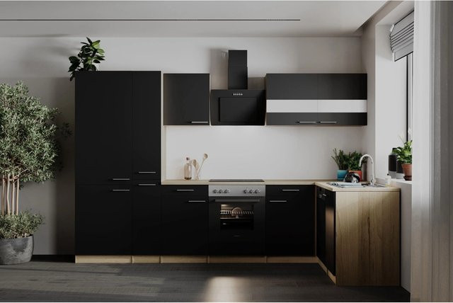 Respekta Winkelküche Merle modern in Schwarz mit Glastüren und Soft-Close-Funktion, B/T/H: 310 x 54,5 x 200 cm - Bild 1