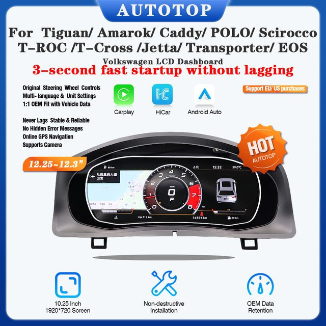 AUTOTOP 10,25 Zoll LCD Digital Dashboard mit Carplay für VW Tiguan, Amarok, Caddy, Polo, Scirocco, T-Roc, T-Cross, Jetta, Transporter und EOS in Schwarz - Bild 1
