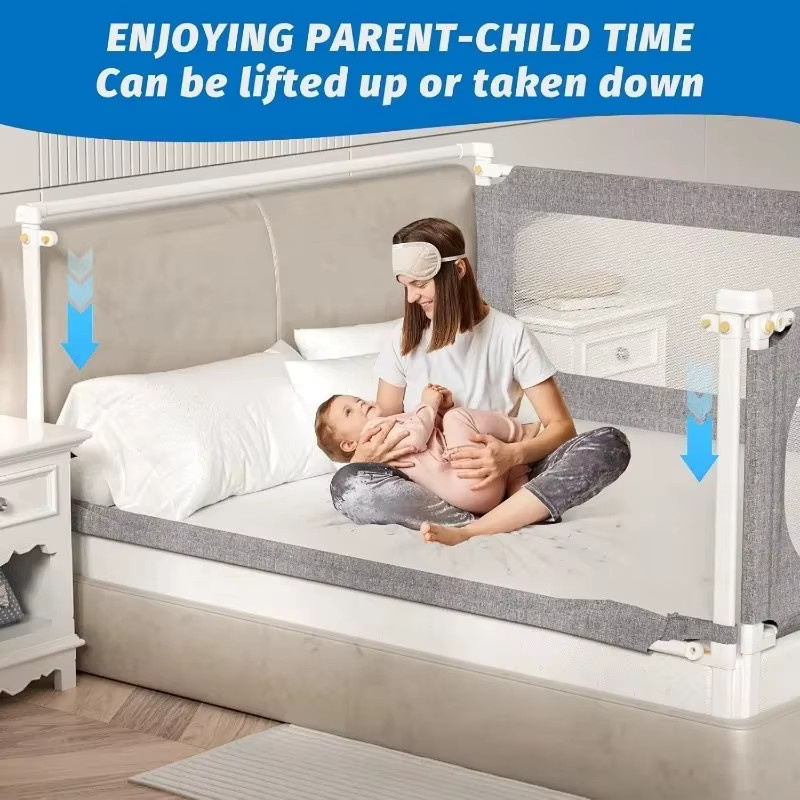 IMBABY Sicherheitsbett-Leitplanke als höhenverstellbarer Antifall-Zaun und Krippengeländer in Grau mit Mesh-Textil, erweiterbar von 120 cm bis 220 cm - Bild 2