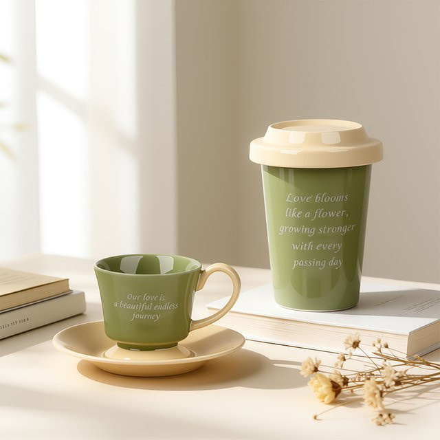 SHUNXIANG Keramik-Kaffeetasse mit Deckel in Grün, 370 ml oder 220 ml - Bild 1