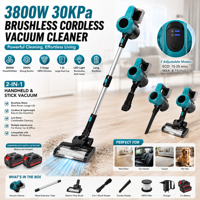 Avehrit 2-in-1 Akku-Staubsauger mit 30kPa Saugkraft und 3800W, Bürstenloser Handstaubsauger mit LED-Licht, 1,5L Staubbehälter und 5-stufiger HEPA-Filtration, kompatibel mit Makita 18V Akku - Bild 1