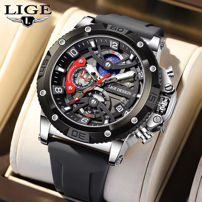 LIGE Armbanduhr Chronograph, Quarz, Silikonarmband, Schwarz, Herren - Bild 3