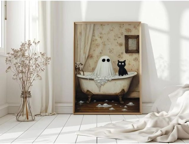 Leibert Art Decoration Painting Halloween Leinwandposter mit Geist und schwarzer Katze, Mehrfarbig, B: 70 cm, H: 100 cm - Bild 1