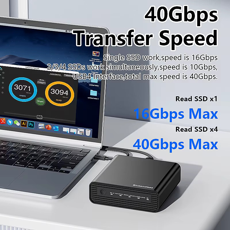 VBNM 4-Bay M.2 NVMe SSD-Gehäuse USB-C Externes Festplattengehäuse für 2230 2242 2260 2280 SSD mit Kühlventilator in Schwarz - Bild 2